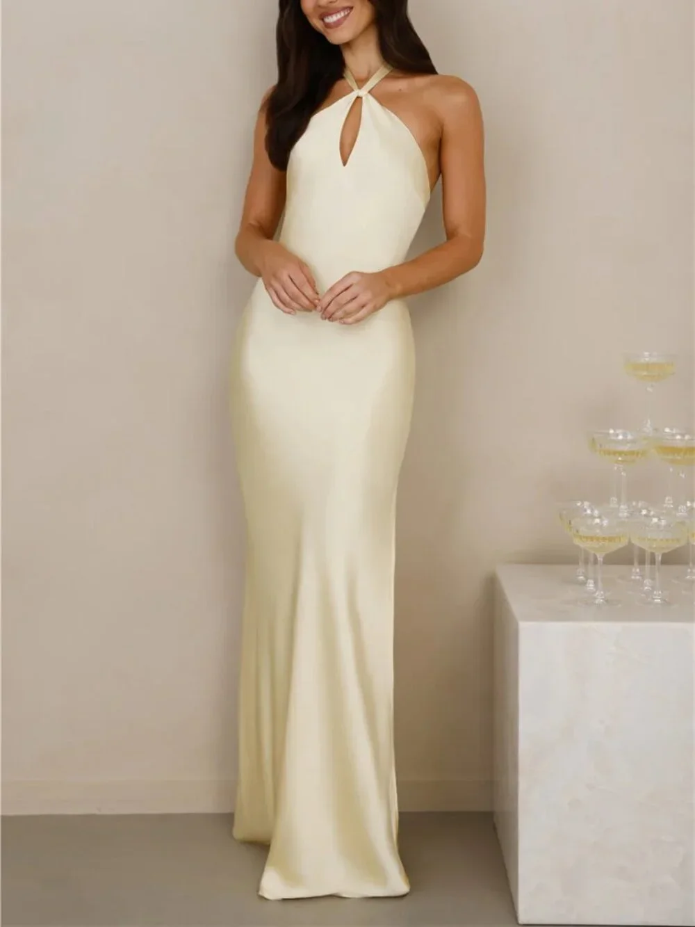 The Delilah Satin Halter Maxi Dress - Butter Yellow - Hello Molly - Picture 8 of 12